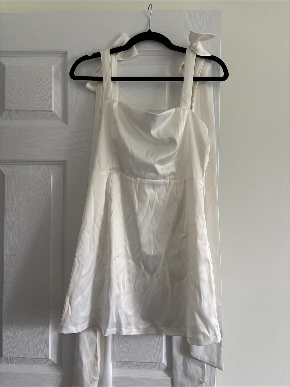 White Satin A-Line Mini Dress with Bow Detail on Straps